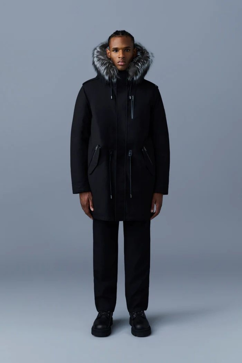 Mackage MORITZ rabbit fur twill parka with removable silver fox fur trim Dunparka Herr Svarta | 980FXPHVK