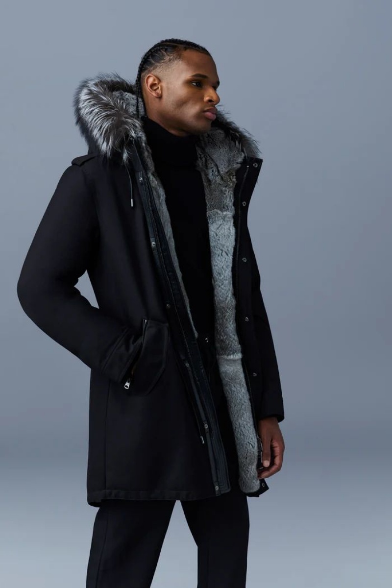 Mackage MORITZ rabbit fur twill parka with removable silver fox fur trim Dunparka Herr Svarta | 980FXPHVK