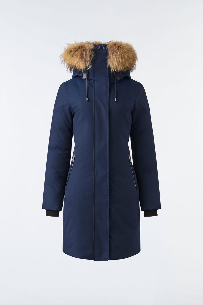 Mackage SHILOH 2-IN-1 fitted down with removable bib and natural fur Rockar Dam Marinblå | 103XRBUIA