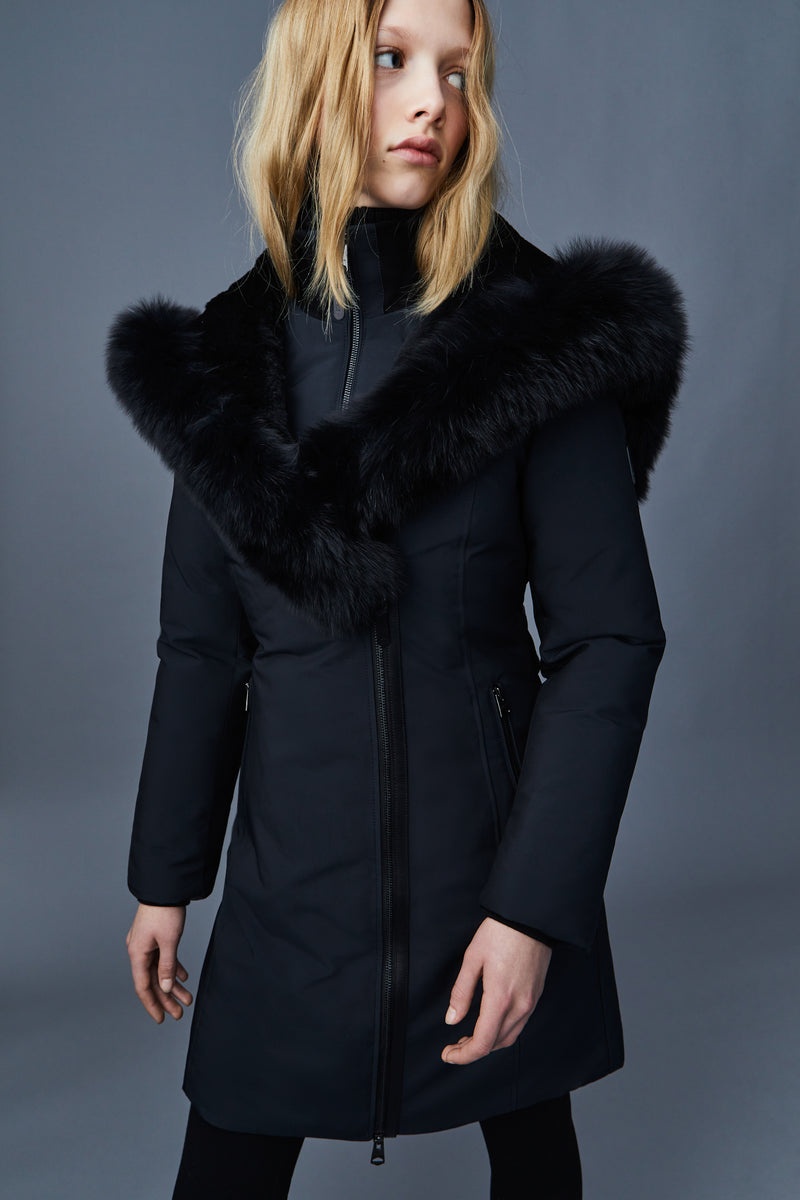 Mackage TRISH Powder Touch down with fox fur Signature Collar Rockar Dam Svarta | 139EDSNZV