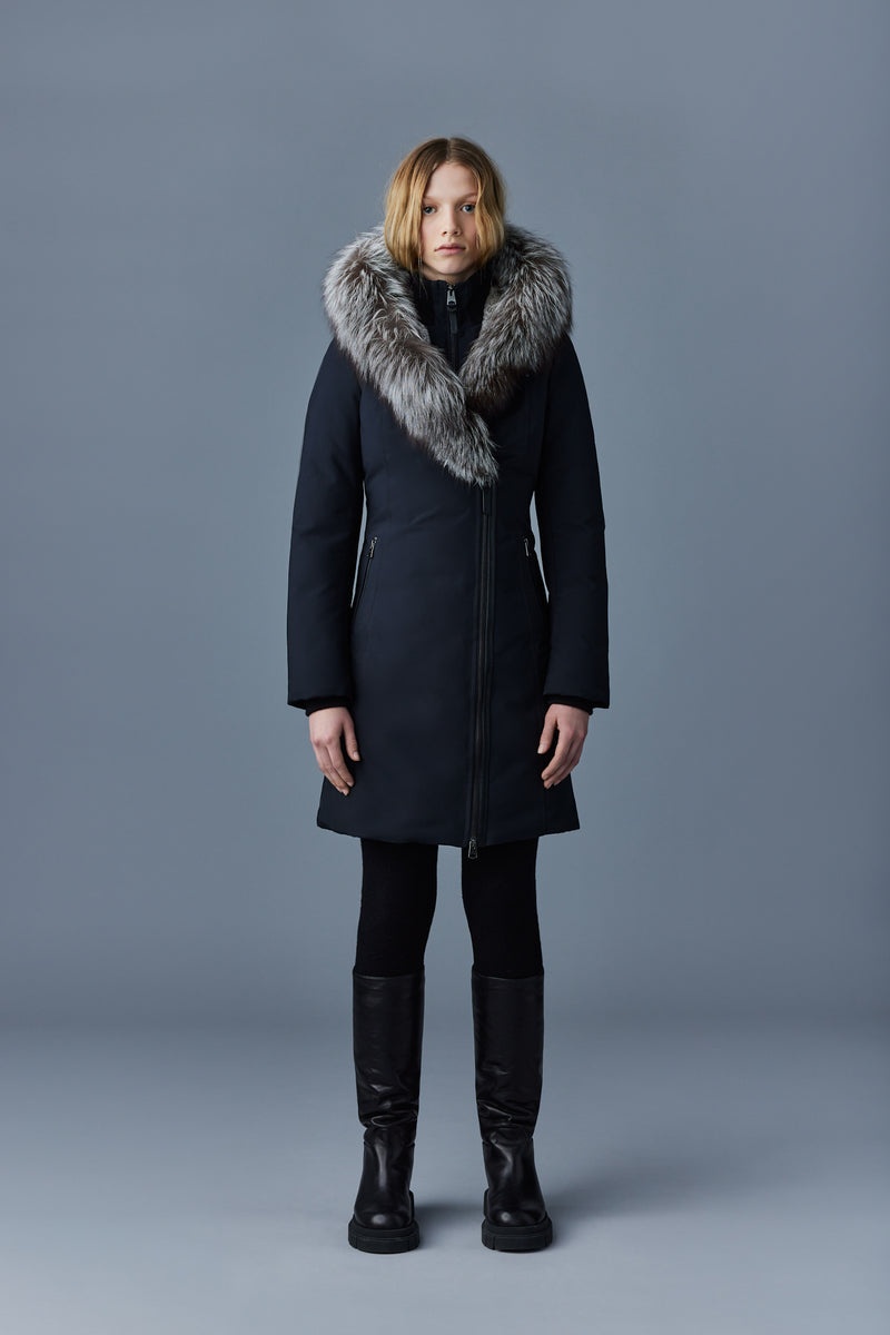 Mackage TRISH Powder Touch down with silver fox fur Signature Collar Rockar Dam Svarta | 647BCVZEQ