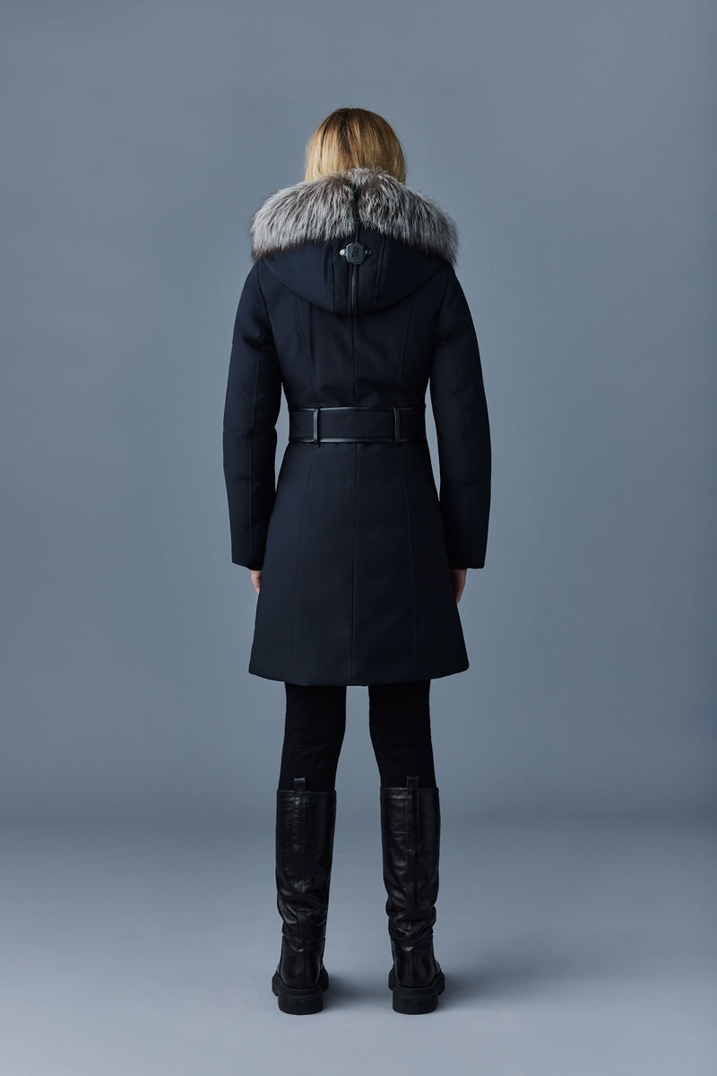 Mackage TRISH Powder Touch down with silver fox fur Signature Collar Rockar Dam Svarta | 647BCVZEQ