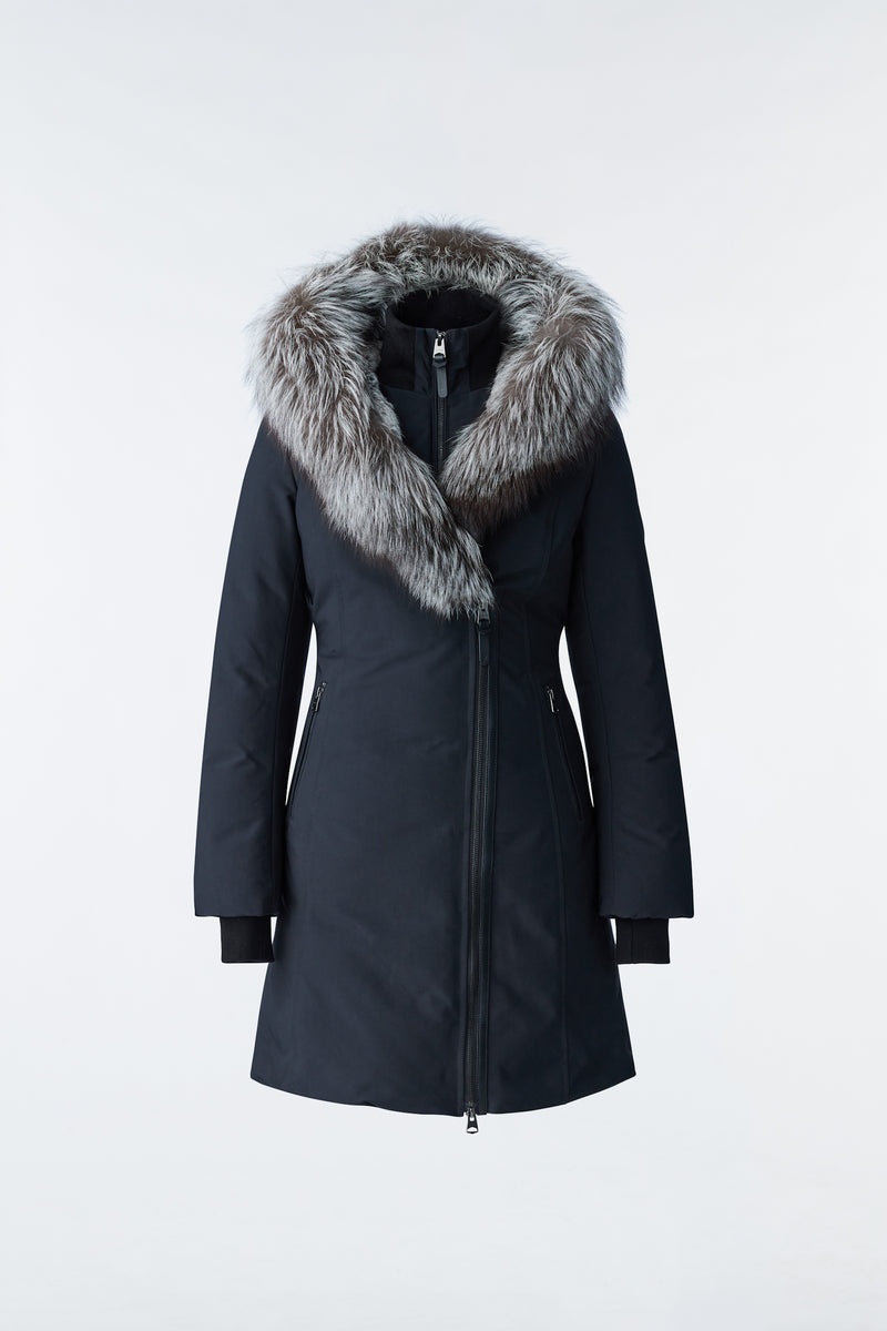 Mackage TRISH Powder Touch down with silver fox fur Signature Collar Rockar Dam Svarta | 647BCVZEQ